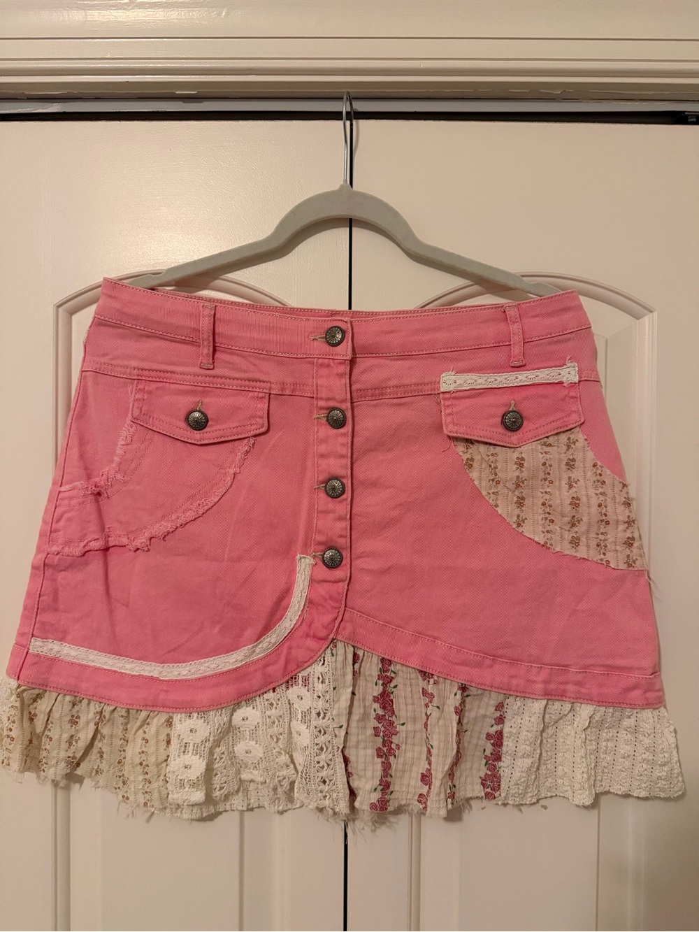 POL Bubblegum Pink Patchwork Mini Skirt with Lace Trim - Picture 2 of 6
